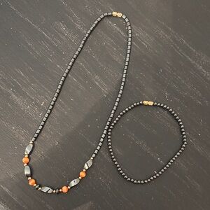 Elegant Black and Orange Beaded Necklace and Bracelet Set